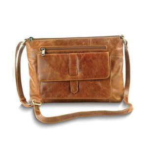 Tan Cowhide Leather Zip-Top Handbag with Front Snap Pocket and Adjustable Should